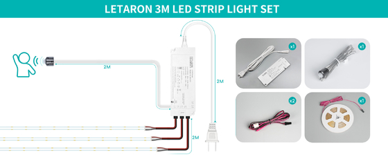 LETARON COB LED 스트립 조명 24V LED 테이프 조명, 480개/M LED, 매우 밝은 고루멘 6000K 백색 3m, 3M 테이프로 조절 가능, 30W UL 전원 공급 장치, 침실, 가정, 주방 DIY용 터치 스위치