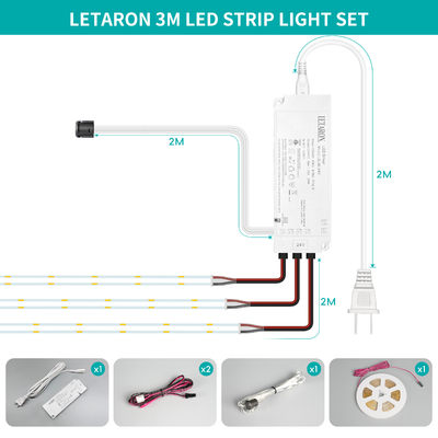 LETARON COB LED 스트립 조명 24V LED 테이프 조명, 480개/M LED, 매우 밝은 고루멘 6000K 백색 3m, 3M 테이프로 조절 가능, 30W UL 전원 공급 장치, 침실, 가정, 주방 DIY용 터치 스위치